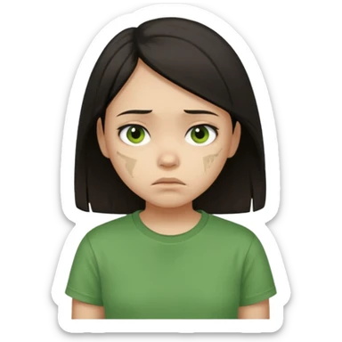 Young girl with straight, dark hair, damaged and unattractive, wearing a green T-shirt, looking sad sticker
