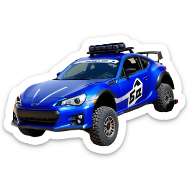 Rally race car Widened Long wheelbase widened pearly midnight satin dark blue  2025 Subaru brz off-road racer chrome nerf bars,side steps mounted under-door-sill climbing rock sliders, and matte silver wheels  sticker