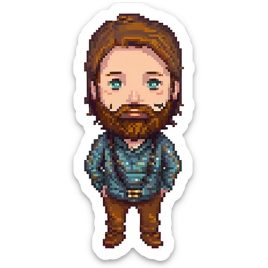 a brown haired man with a little bit of a beard, pixel art style sticker