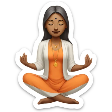 Indian female yogi with meditative expression.  sitting in a lotus position. She wears a sleeveless pastel-colored shirt paired with a flowing orange robe, symbolizing traditional yogic attire. A small red bindi adorns her forehead sticker