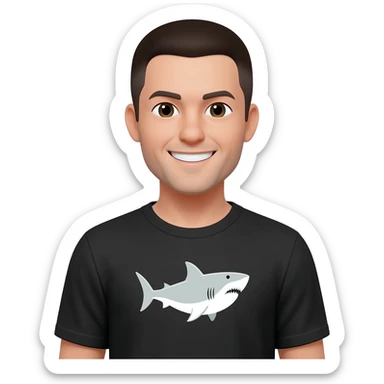 a handsome man wearing a t-shirt with a shark image on it sticker