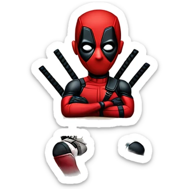 Cute Deadpool sitting at a desk, front view sticker