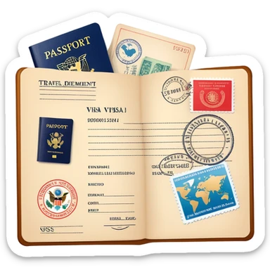 Travel visa document with stamps and passport sticker