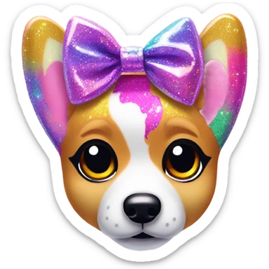 Lisa frank glitter corgi with bows on head sticker