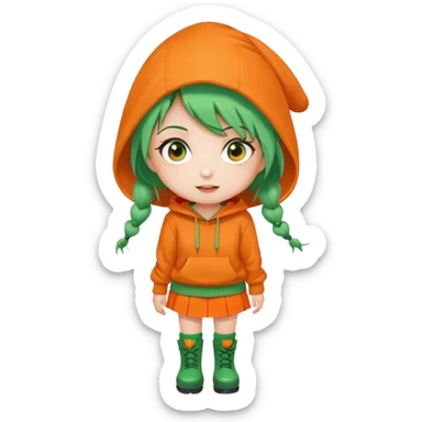 cute green-haired girl with orange eyes, wearing an orange hoodie, green skirt, orange knee socks, and green boots, with a small carrot accessory on her head, big expressive eyes, simple emoji face, round head, clean vector style sticker