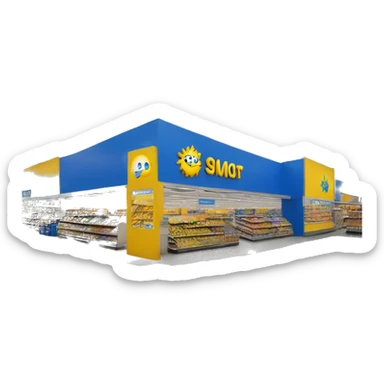 “Walmart store with a simple, recognizable design, featuring the iconic sunburst logo, blue and yellow color scheme, and storefront details that convey a large retail environment.” sticker