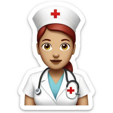 nurse with dark red hair in a bun and white hat with red cross sticker