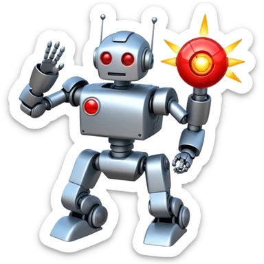 robot being hit with a red beam by a flying robot sticker