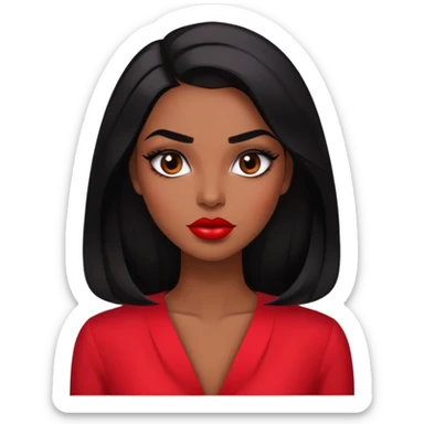 Glamorous woman with deep brown skin, defined features, expressive dark eyes, thick eyebrows, full lips with red lipstick, sleek black hair, wearing a red blouse sticker