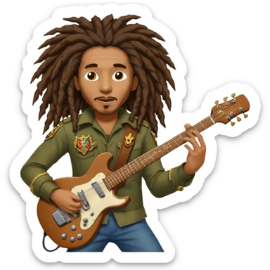 Bob Marley with gigantic dread locks play electric guitar in form heraldic crest sticker