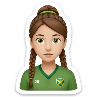 Kahverengi at kuyruklu ışıltılı bir örgülü kahverengi gözlü yeşil formalı içine yeşil atletli çekik gözlü bir kız sticker