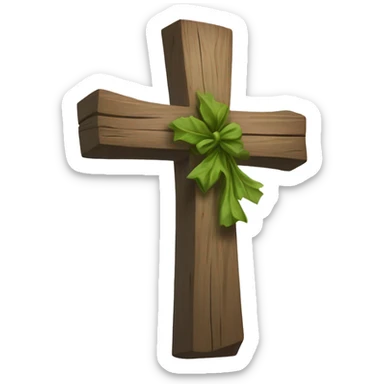 A rustic wooden cross with unevenly draped light-colored cloth, longer on the right side. Behind it, a subtle wreath of green leaves adds depth. The design is simple and symbolic. sticker