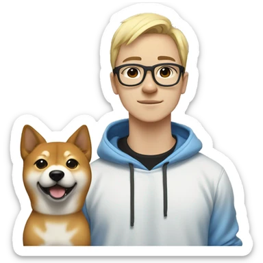 A young guy with white ponytail white skin black-framed glasses, a nose piercing, a blue hoodie and a Shiba Inu dog next to him sticker