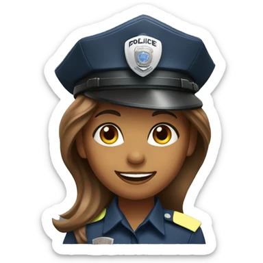 A police woman, brown skin., long hair, happy, with police hat sticker