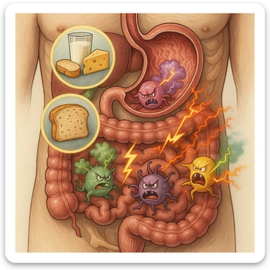Anatomical section of the human torso focusing on stomach and intestines. Inside the digestive tract, agitated stylized parasites react to foods like dairy, gluten, and sugars (foods highlighted). The parasites emit toxins or inflammatory signals such as colored gas and lightning lines. Medical illustrative style. sticker