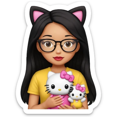 Nails cute with hello kitty wear glasses black long  hair, woman wear yellow shirt , red nails , big hello kitty doll sticker
