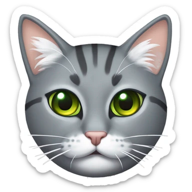 liegende graue Katze, mit grün gelben Augen, Kopf auf ihren forderen Pfötchen, mit gekringeltem Schwanz sticker