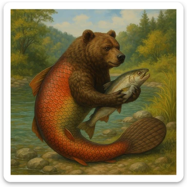 A bear with a salmon body and a beaver tail, holding a fish sticker