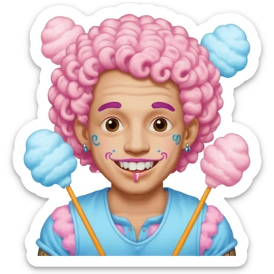 very cheerful colorful puffy curly haired man made out of cotton candy wearing teeth-braces and tattoos and face tattoos just face  sticker