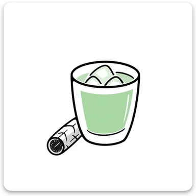 Hand-drawn glass of sugarcane juice with ice cubes, light green liquid, and a piece of sugarcane beside it sticker