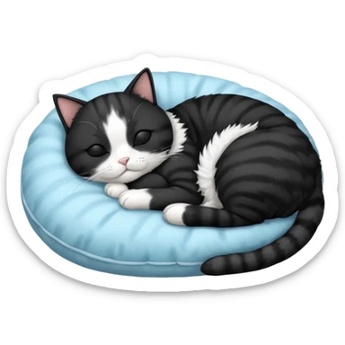 tuxedo short haired cat with his eyes closed sleeping in a lightblue pillow sticker