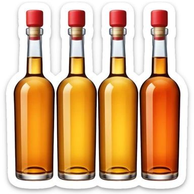 Four bottles of alcohol without labels, each with distinct shapes, arranged neatly in a row. The bottles should vary in color and size, with detailed caps. sticker