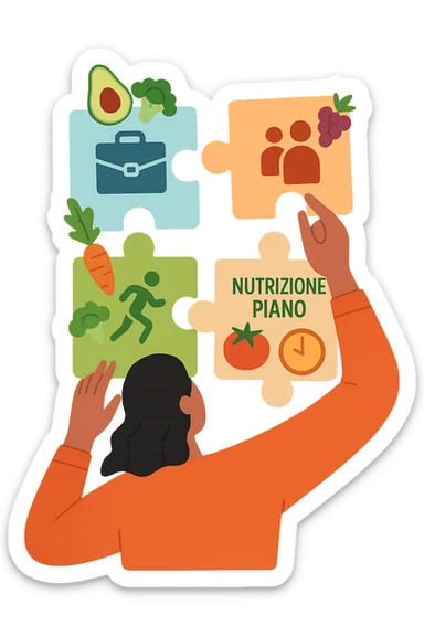 a person is surrounded by puzzle pieces, each representing a different aspect of their life (work, exercise, family, leisure), and healthy foods are integrated into each piece. The person assembles the puzzle, creating a complete, personalized nutrition plan. The mood is uplifting and creative. in italiano sticker