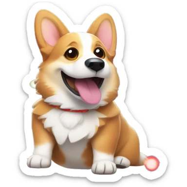 Excited corgi tangled in colorful Christmas lights, wagging its tail happily sticker