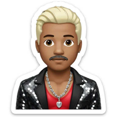 Sisqó with platinum blonde hair, black sequin jacket, shirtless with necklace, dark skin, dark brown thin mustache sticker