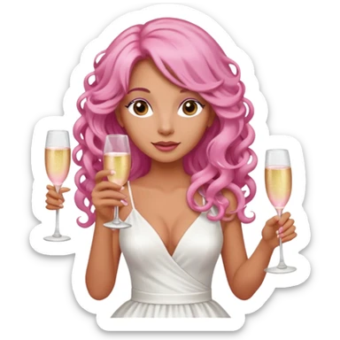 One lady with long pink curled hair and tan skin holding a glass of  pink champagne in each hand sticker
