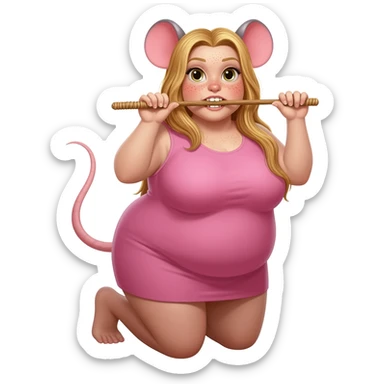 plumpy pretty woman with rat tail and rat ears have blond long hair and freckles. 
she is on her knees and hands and holding the wicker in her teeth sticker