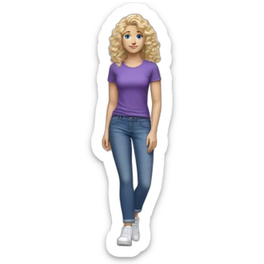 realistic caucasian long curly blonde blue eyed woman purple top blue jeans white sneakers sticker