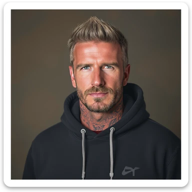 realistic illustration of David Beckham, casual outfit, tattoos visible, modern and fashionable sticker