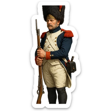 Vieille Garde soldier, Napoleonic era, holding musket, blue and white uniform, bearskin hat, historical sticker