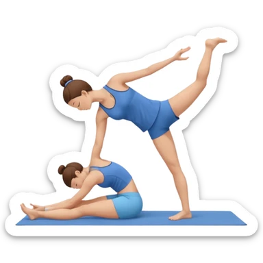Minimalist flat vector illustration of a woman doing yoga in forward fold pose (Uttanasana), wearing sportswear (blue top and blue shorts), brown hair in a bun, clean white background, no face details, elegant style sticker