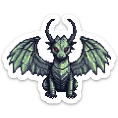 black dragon with big wings and two medium-sized horns on its head, pixel art style sticker