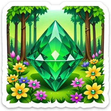 green crystals diamond with runes in forest and flowers sticker