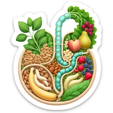 Whole grains, beans, lentils, colorful fruits, leafy greens, and small nuts surrounding an ethereal digestive system with visible intestinal tract. Gentle cleansing light flows through the intestines like a magical river, showing fiber's purifying effect. sticker