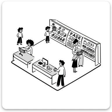 Isometric view of a supermarket interior with grocery aisles, shoppers, and cash registers sticker