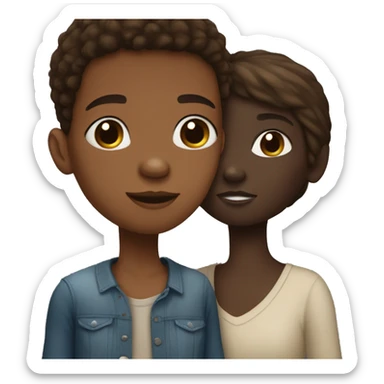 An African-American boy kissing a girl has white skin and straight and brown hair sticker