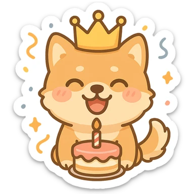 happy dog with a birthday crown, cake in front, confetti around, party atmosphere, clean background sticker