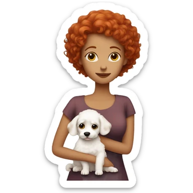 Short curly red hair women with a white maltense small dog hugging sticker
