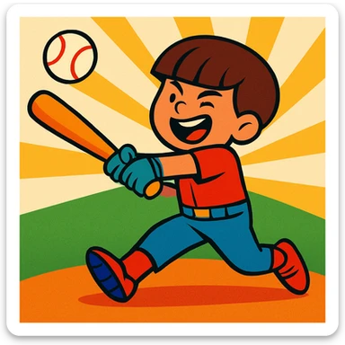 A boy with a bowl cut haircut hitting a home run in baseball, dynamic action, expressive, clear baseball bat and ball, energetic pose, vibrant cartoon style sticker