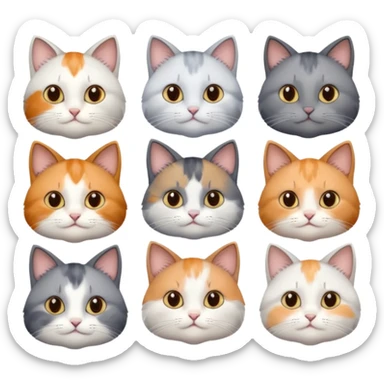6 realistic looking cats with different natural coloured coats, assorted grey and white, greys, calico, brown and white colours etc
 sticker
