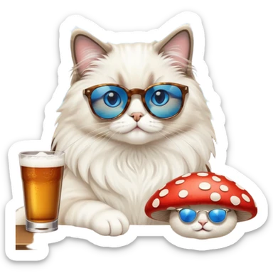 One ragdoll cat with sunglasses selling mushrooms in a bar sticker