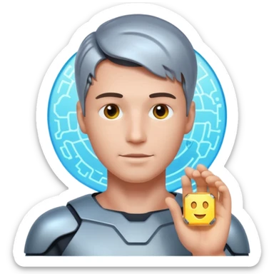 a man with a small AI chip next to him sticker