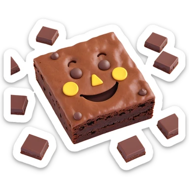 3D chocolate brownie with a smiley face, realistic depth, with chocolate chips, emoji style sticker