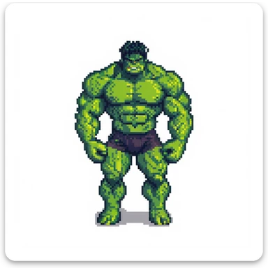 green muscular superhero Hulk character in pixel art style, simple background sticker