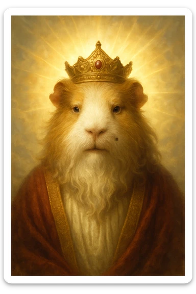 almighty guinea pig god with a mole on the left cheek, surrounded by glowing aura, regal and wise sticker