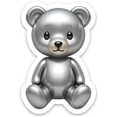 A cute teddy bear emoji made of liquid silver chrome, smooth rounded body, glossy metallic surface, soft reflections, friendly proportions, iOS emoji style, centered, clean white background sticker